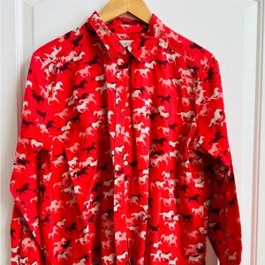Red Horse Print button front blouse